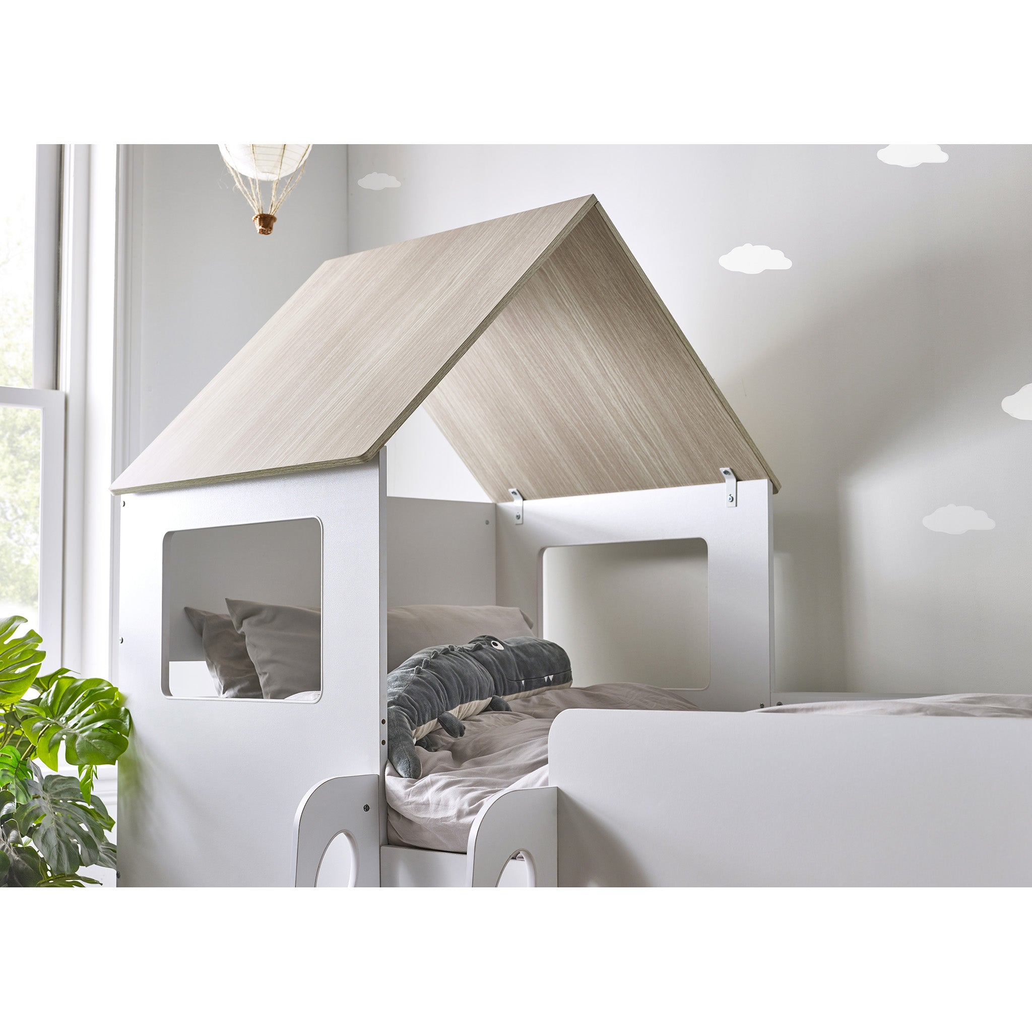 House Style Midsleeper Bed with Storage in Wood and White